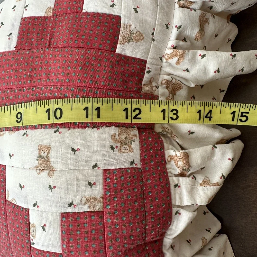 Vintage Christmas Quilted Pillow Handmade Throw Pillow Shabby Cottage Bear Red